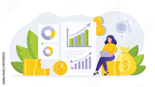 Businesswoman analyzing financial growth with laptop and money