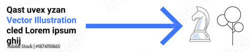 Strategy development, conceptual growth, business planning, decision-making, forward movement, goal visualization. Abstract arrow pointing to a knight chess piece and balloons. Strategy