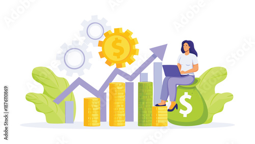 Woman sitting on giant dollar coin with laptop and growing finance graph