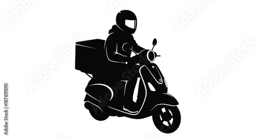 a person riding a scooter with a delivery box