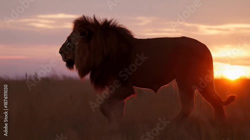 Majestic lion male walking left across savannah at sunset with long mane and tail