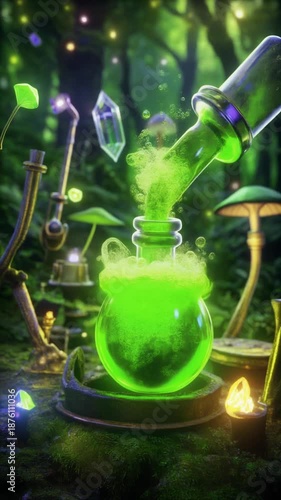 Magical green potion being poured into a glowing flask in a mystical forest with mushrooms and sparkling crystals