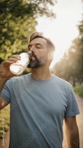 Man drinking water from a bottle on a park path during daytime