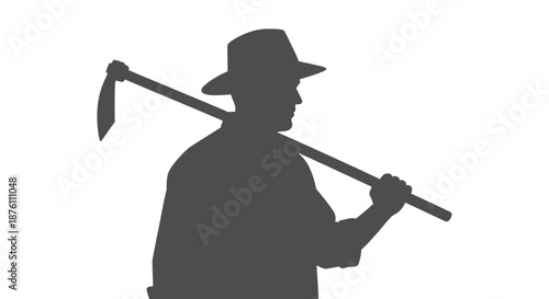 a man in a hat holding a pickaxe over his shoulder