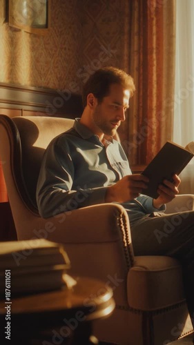 Man relaxing in armchair with book and coffee in hotel lobby background