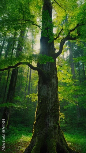 Large tree trunk in a dense forest with sunlight filtering through leaves, symbolizing nature and tranquility