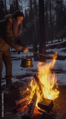 Man Pouring Water on Campfire in Snowy Forest at Dusk