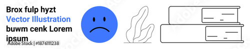 Education, sadness, minimalism, learning, symbolism, emotion. A sad blue face, a plant and two stacked books. education and sadness in a minimalist design