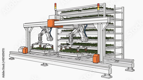 Automated robotic machinery operating in a modern industrial facility with multiple levels and conveyor systems.