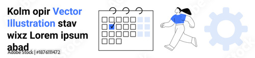 Time management, productivity tools, scheduling, event tracking, task management, workflow . A calendar with a marked date, a running figure and a gear icon. Time management and productivity tools