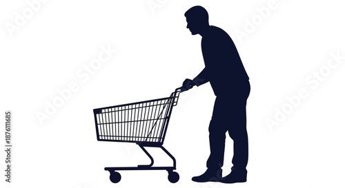 a man pushing a shopping cart in a dark blue silhouette