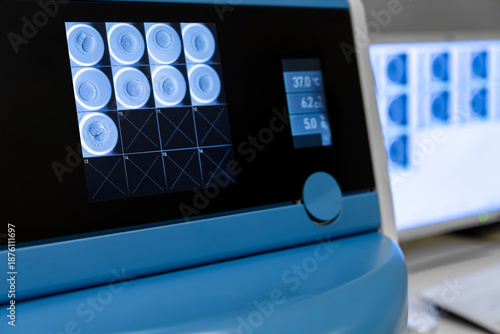 Obraz na plátne Advanced IVF laboratory technology displaying human embryo development stages on