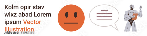 Communication, technology, automation, artificial intelligence, analysis, data exchange. Neutral face icon, speech bubble robot holding paper. Communication and technology thematic design