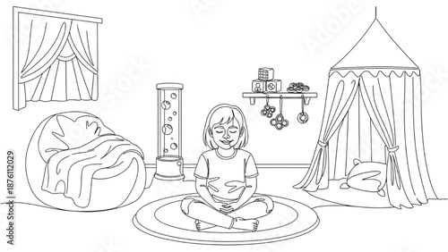 High-Quality Black Continuous Line Art of a Child with Autism in a Calm, Sensory-Friendly Space