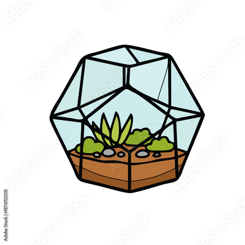 Modern vector illustration of a glass terrarium with small plants and moss inside, geometric shapes, clean flat design, trendy office decor style, isolated.....ai