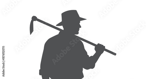 a man in a hat holding a hoe over his shoulder