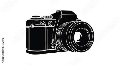 a black and white drawing of a camera with a lens