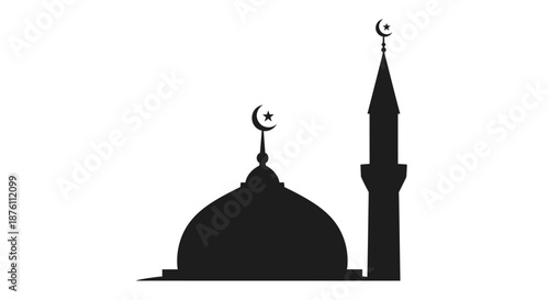 black silhouette of a mosque with minaret and crescent moon