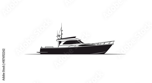 a black and white boat on the water with a railing