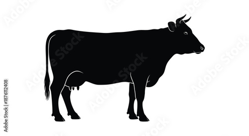 a black silhouette of a cow standing on a white background