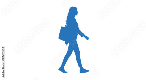 a blue silhouette of a woman walking with a bag
