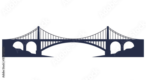 a dark blue silhouette of a suspension bridge with arches