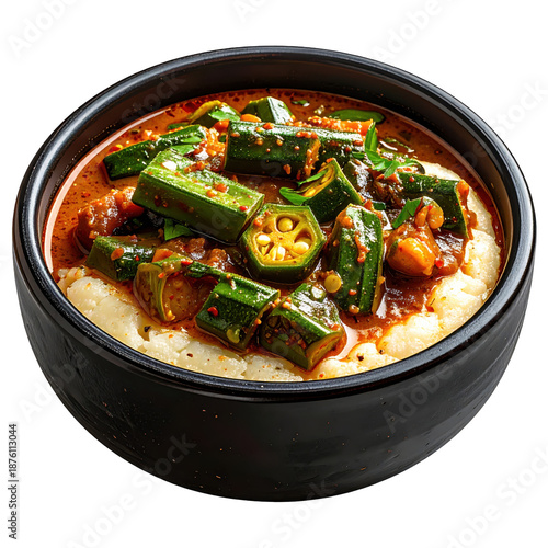 Banku with okra stew, a classic west african dish from ghana, perfectly isolated on a white background for use in food blogs and culinary publications