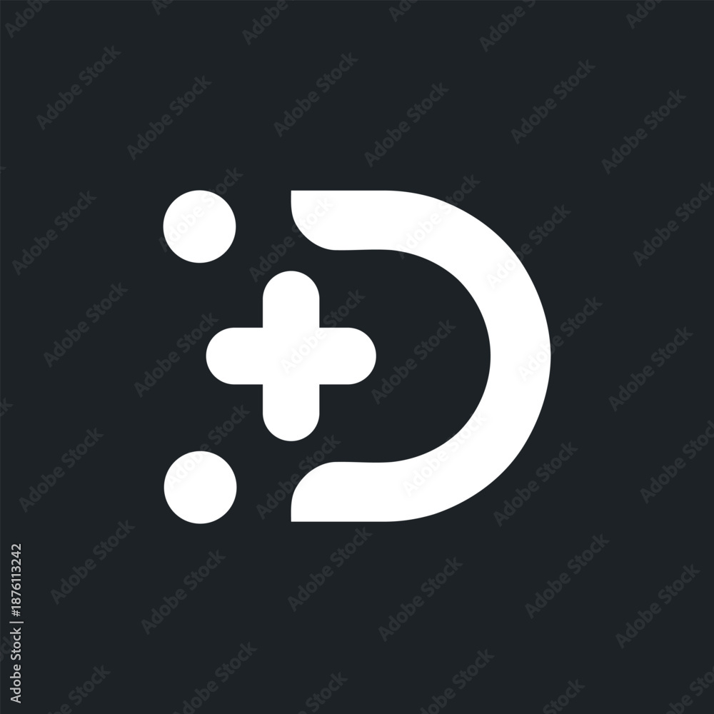 Fototapeta premium Stylized Letter D Logo Icon with Plus Sign and Dots