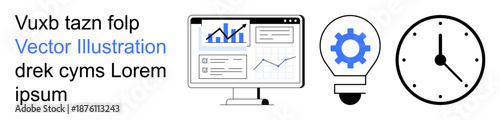 Business strategy, innovation, time management, data analytics, productivity, workflow efficiency. A monitor showing graphs, gear on a lightbulb and clock. Data analytics and innovation concept