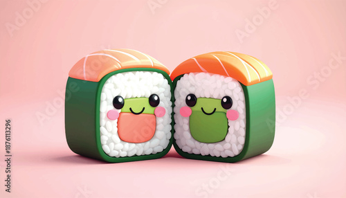 Two Adorable Sushi Rolls with Smiling Faces on a Pink Surface.