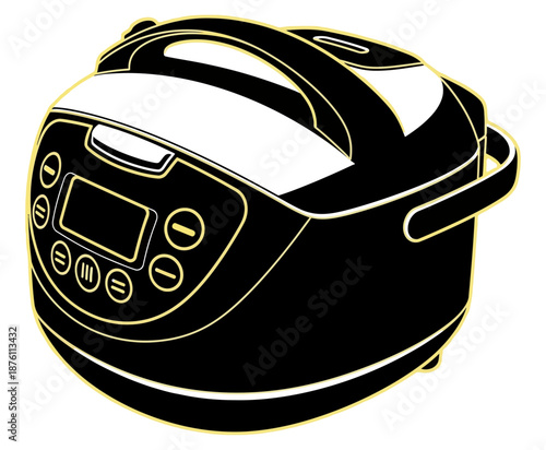 A modern electric pressure cooker with digital display and controls is illustrated in a sleek black and yellow design