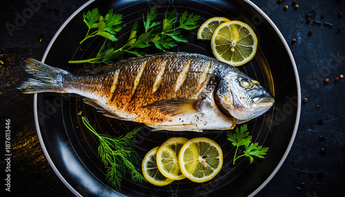 Delicious seasoned fish with lemon slices and herbs on plate