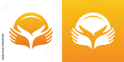 Dual meaning logo combining a sun and caring hands, symbolizing warmth, protection, care, positive energy, and support with a clean, modern identity.