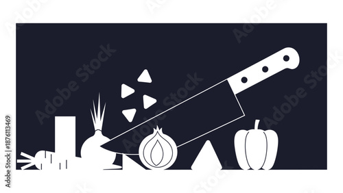 Kitchen utensil and ingredients arranged on a dark background with a minimalist design