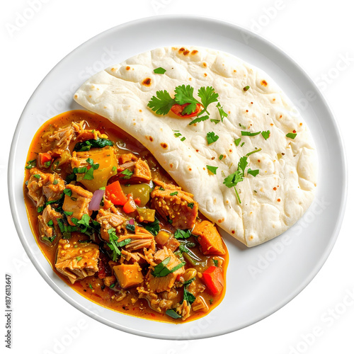Ivorian garba Attiéké cassava couscous with fried tuna, a classic street food dish isolated on a white background
