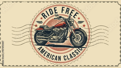 American Classic Motorcycle Ride Free Stamp Design.
