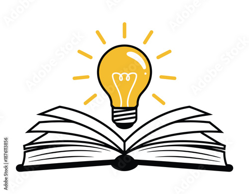 An illustration of a lightbulb glowing above an open book, symbolizing knowledge and inspiration.