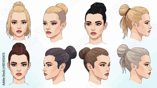 Collection of Diverse Female Hairstyles Featuring Top Knots and Buns.