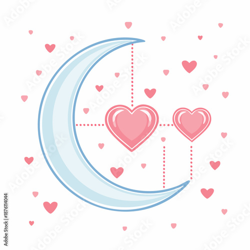 Romantic Crescent Moon and Hanging Pink Hearts Vector Illustration