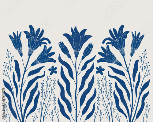 Blue floral botanical illustration with lilies and delicate branches, elegant decorative border for greeting cards and invitations