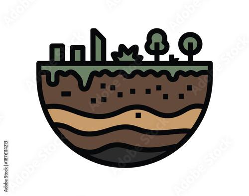 An illustration of a cityscape growing out of a cross-section of soil and earth layers.