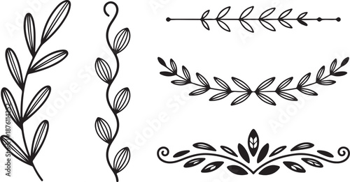 Hand drawn decorative leafy branches borders and floral laurels for elegant wedding invitation or vintage frame