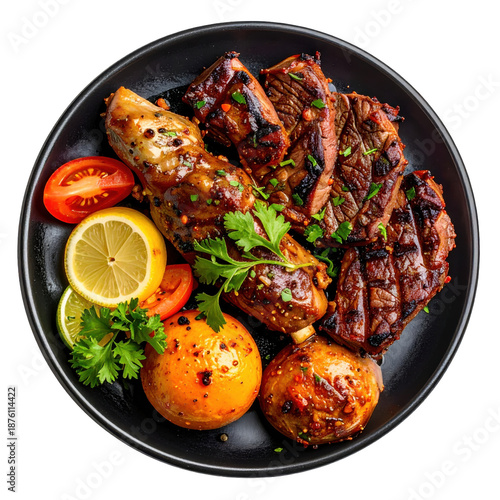 Sizzling kapana, tender grilled meat cubes with namibian spices, a classic street food snack, presented on a plate, isolated on white background