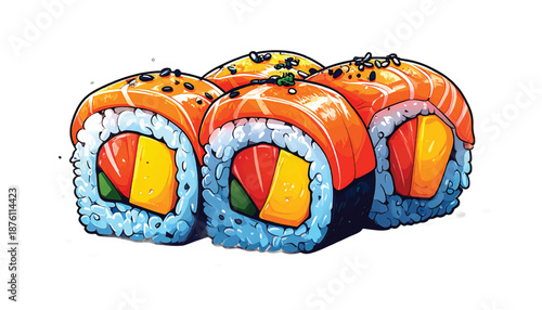 Vibrant Salmon Sushi Rolls with Mango and Avocado Filling.