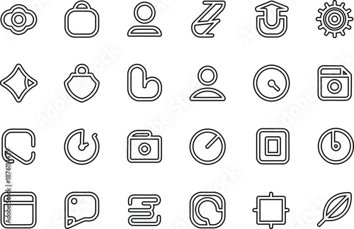 Fantasy rpg game interface outline icons featuring magic shields and potions with Editable Stroke.