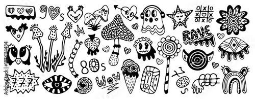 Black line psychedelic doodle hand drawn vector set. Monochrome outline isolated symbols. Mushrooms, lips, eyes, hearts, ghosts, whimsical characters, abstract shapes. Vector groovy retro cliparts