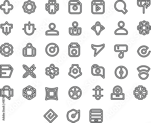 Vector collection of universal web interface outline icons featuring paint roller and user profile with Editable Stroke.