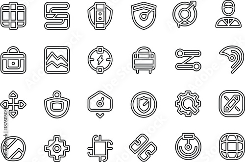 Vector collection of universal web interface outline icons featuring security shields and travel luggage with Editable Stroke.