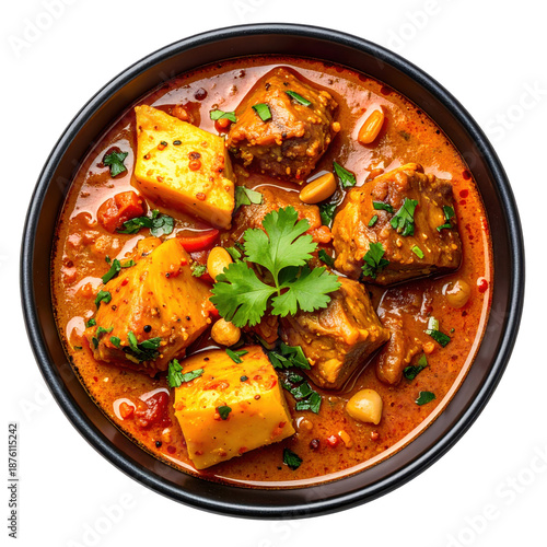 Hearty maafe stew from mali, featuring tender meat in a savory peanut sauce, professionally shot and isolated on a white background