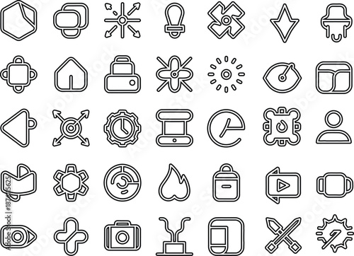 Vector collection of universal user interface outline icons featuring home button and camera with Editable Stroke.